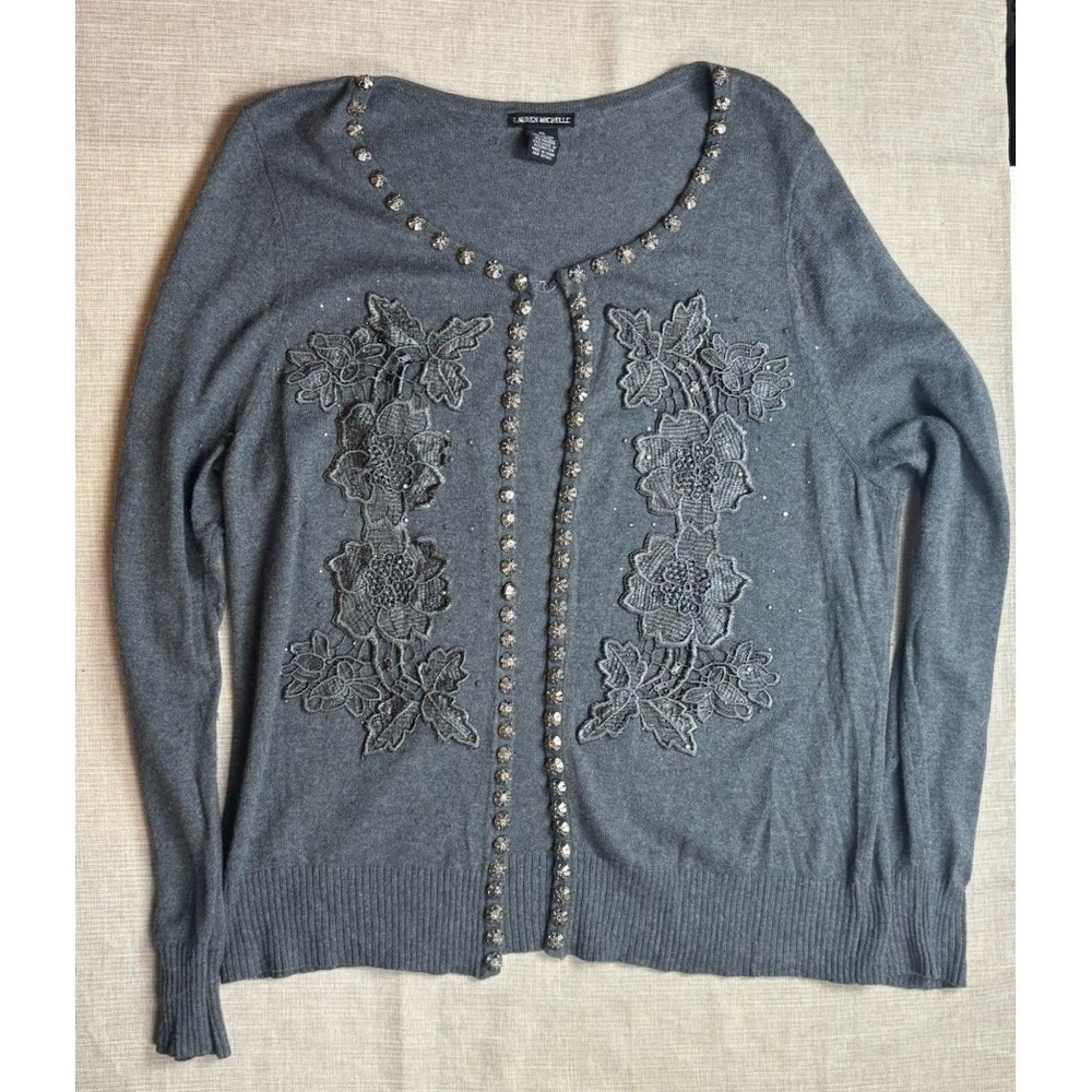 Lauren Michelle Cardigan Sweater Womens XL Gray Embroidered Beaded